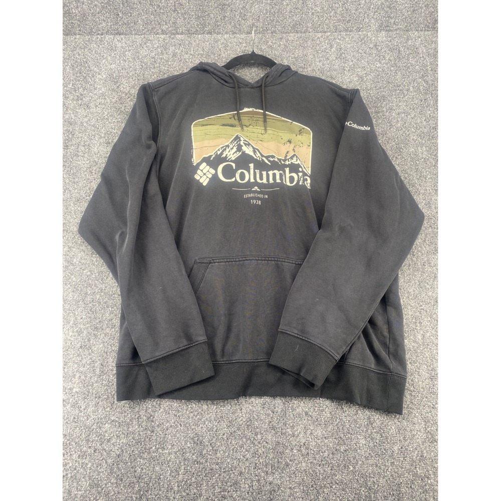 Columbia Hoodie Mens Large Black Graphic Mountain Logo Pullover Sweatshirt Hike